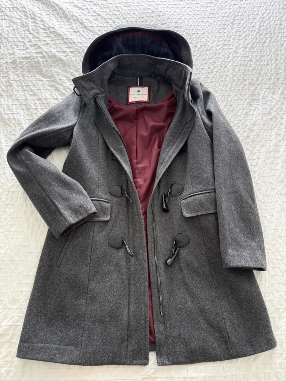 Tommy Hilfiger Grey Wool Blend Hooded Duffle Coat - Size M